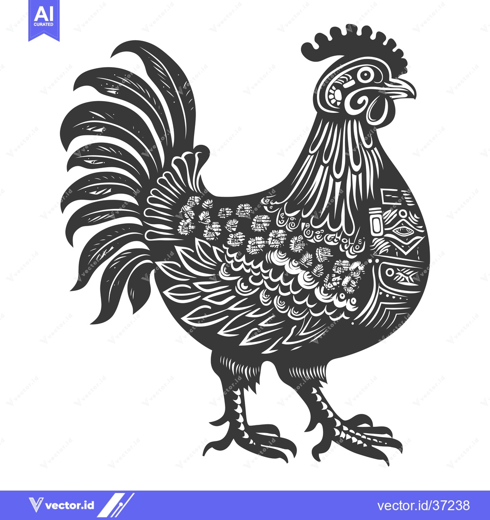 Premium Vector of Detailed Black and White Illustration of a Rooster