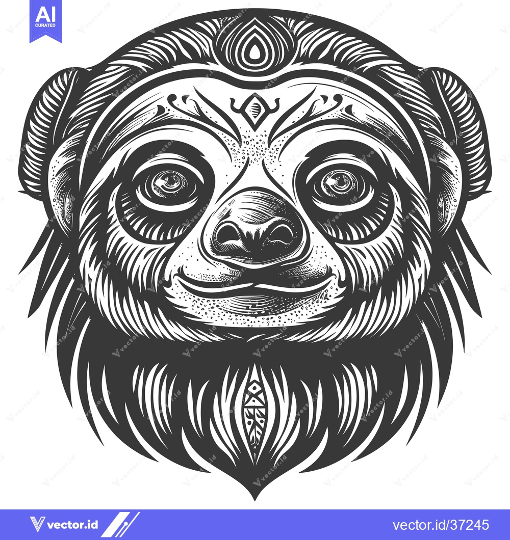 Premium Vector of Detailed Black and White Illustration of a Sloth's Face with Ornamenta