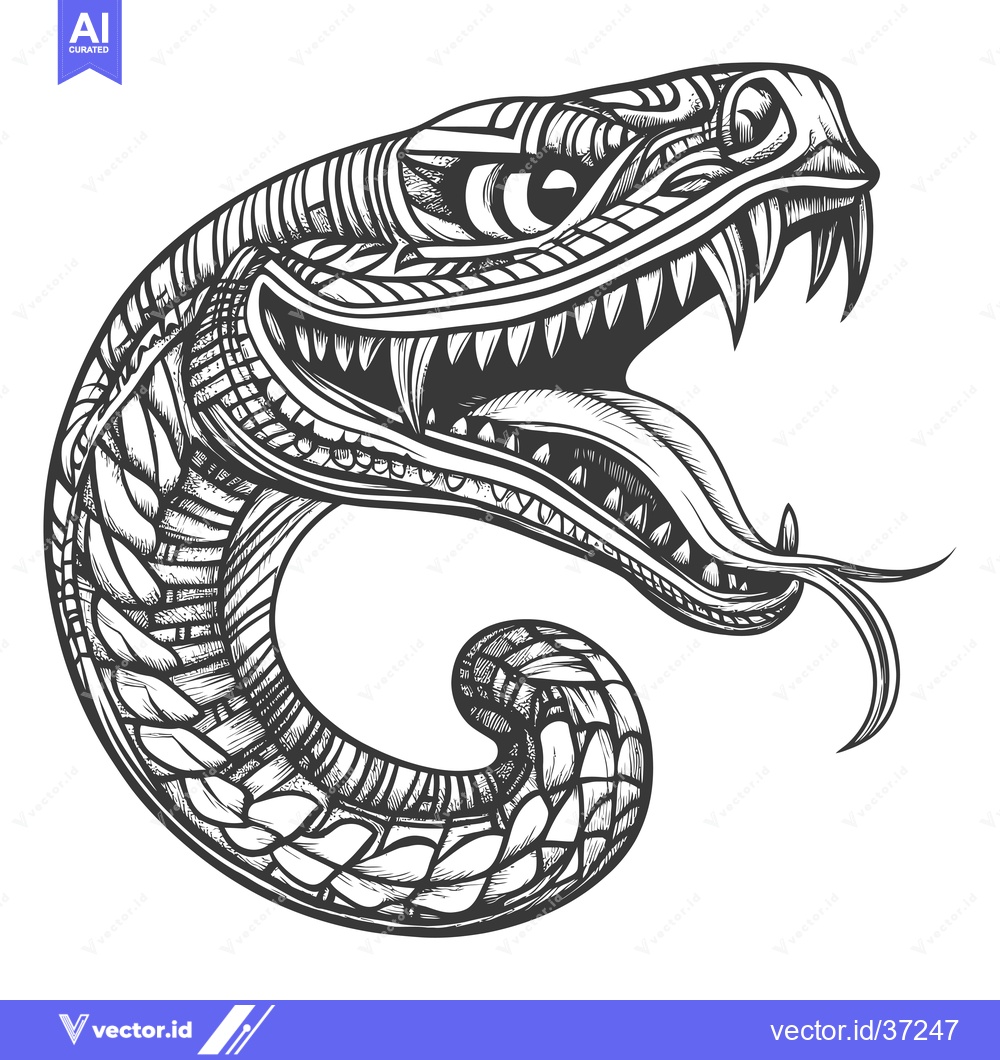 Premium Vector of Detailed Black and White Illustration of a Snake's Head with Fangs and