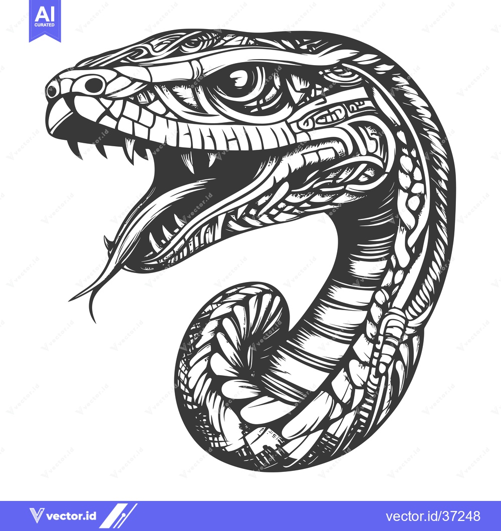 Premium Vector of Detailed Black and White Illustration of a Snake's Head with Open Mout