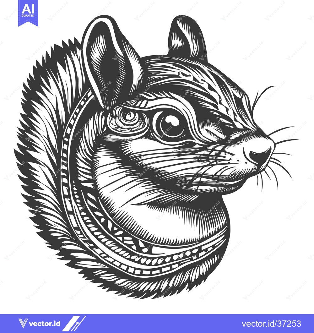 Premium Vector of Detailed Black and White Illustration of a Squirrel's Head with Orname