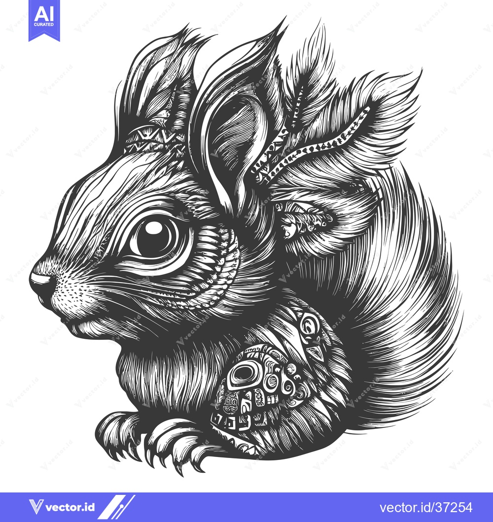Premium Vector of Detailed Black and White Illustration of a Squirrel with Ornate Fur