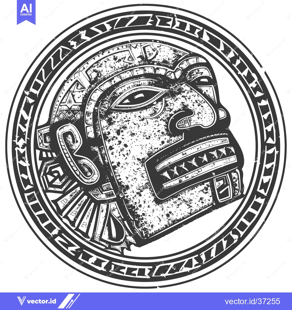 Premium Vector of Detailed Black and White Illustration of a Stone Mayan Mask