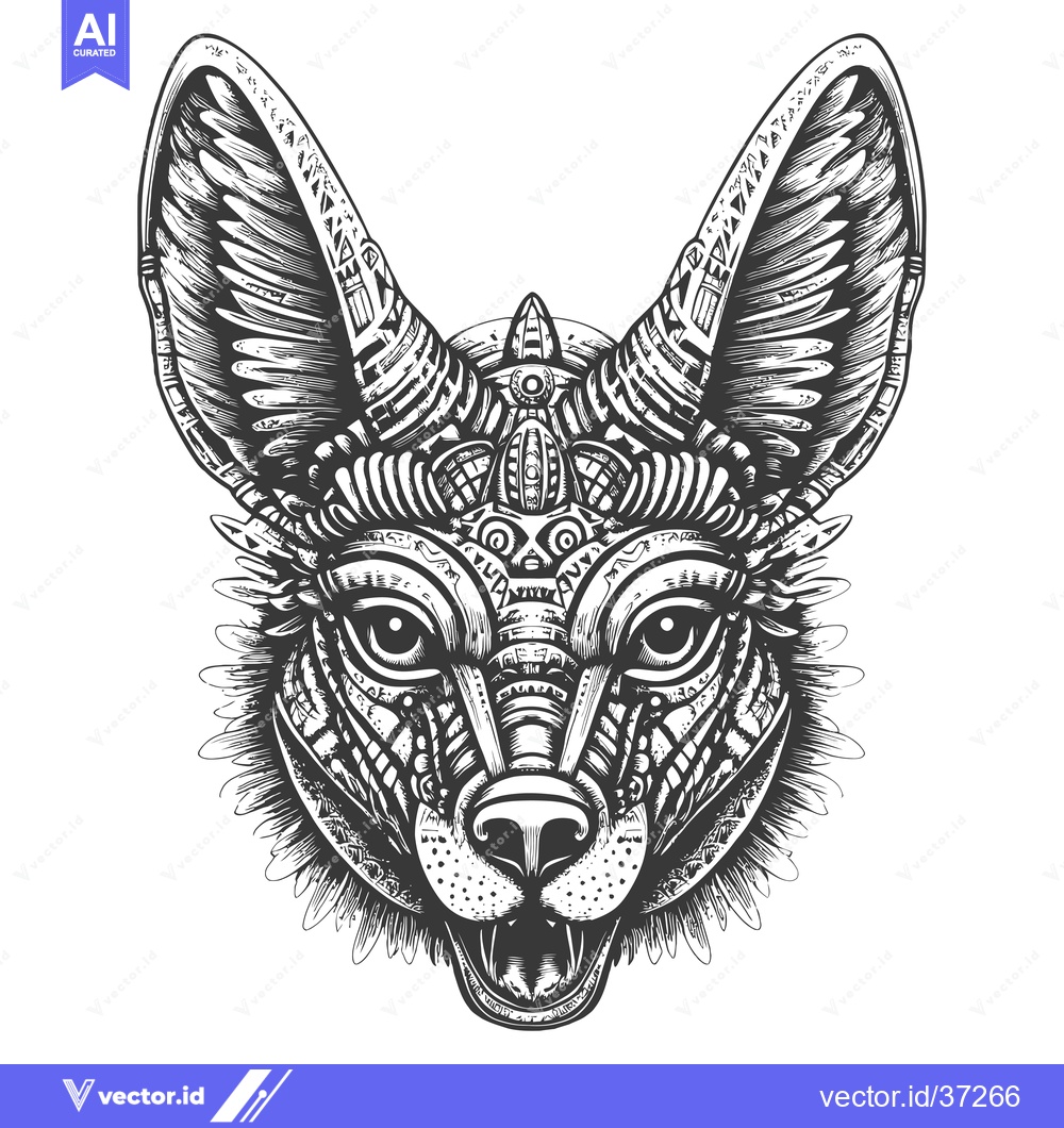 Premium Vector dari Detailed Black and White Illustration of a Wolf's Face with Geometric