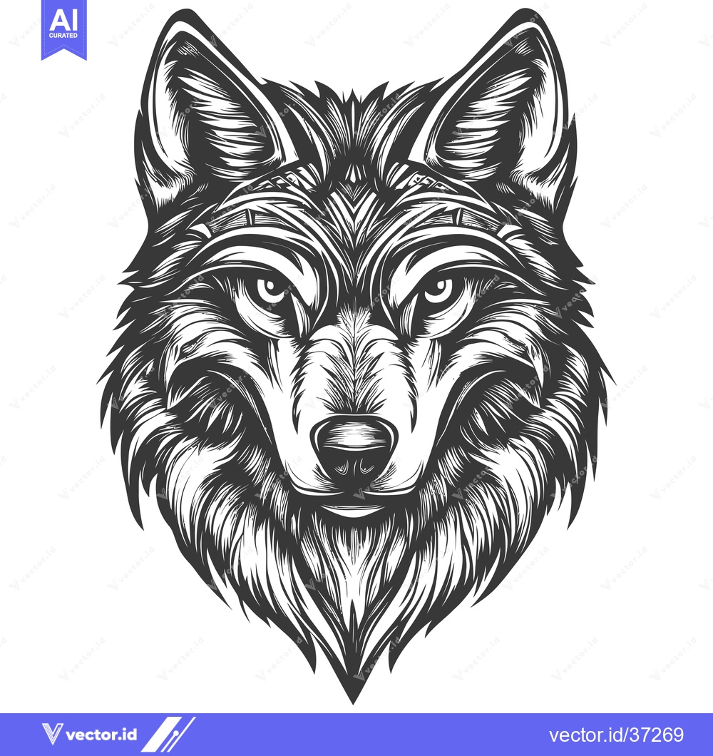Premium Vector of Detailed Black and White Illustration of a Wolf's Head