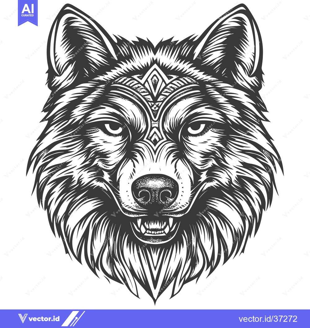 Premium Vector dari Detailed Black and White Illustration of a Wolf's Head