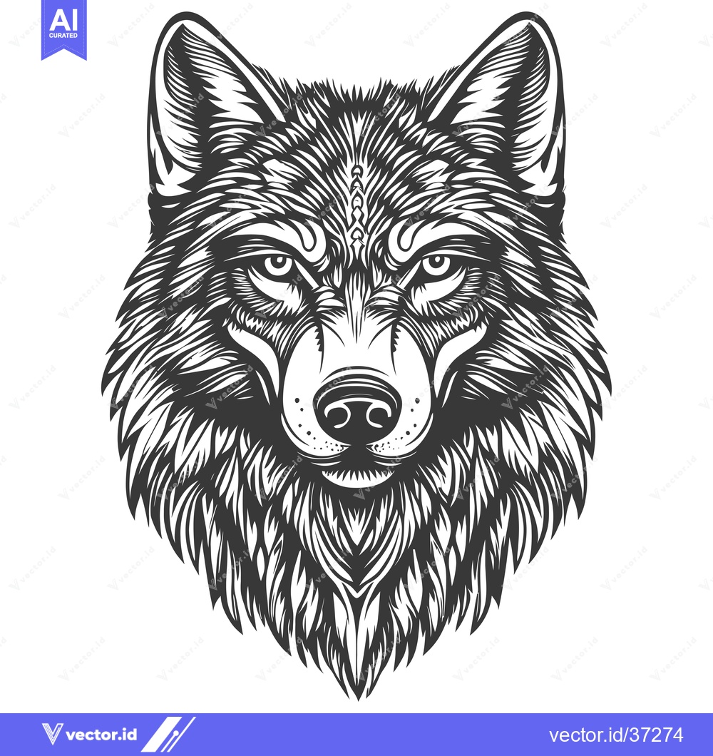 Premium Vector dari Detailed Black and White Illustration of a Wolf's Head