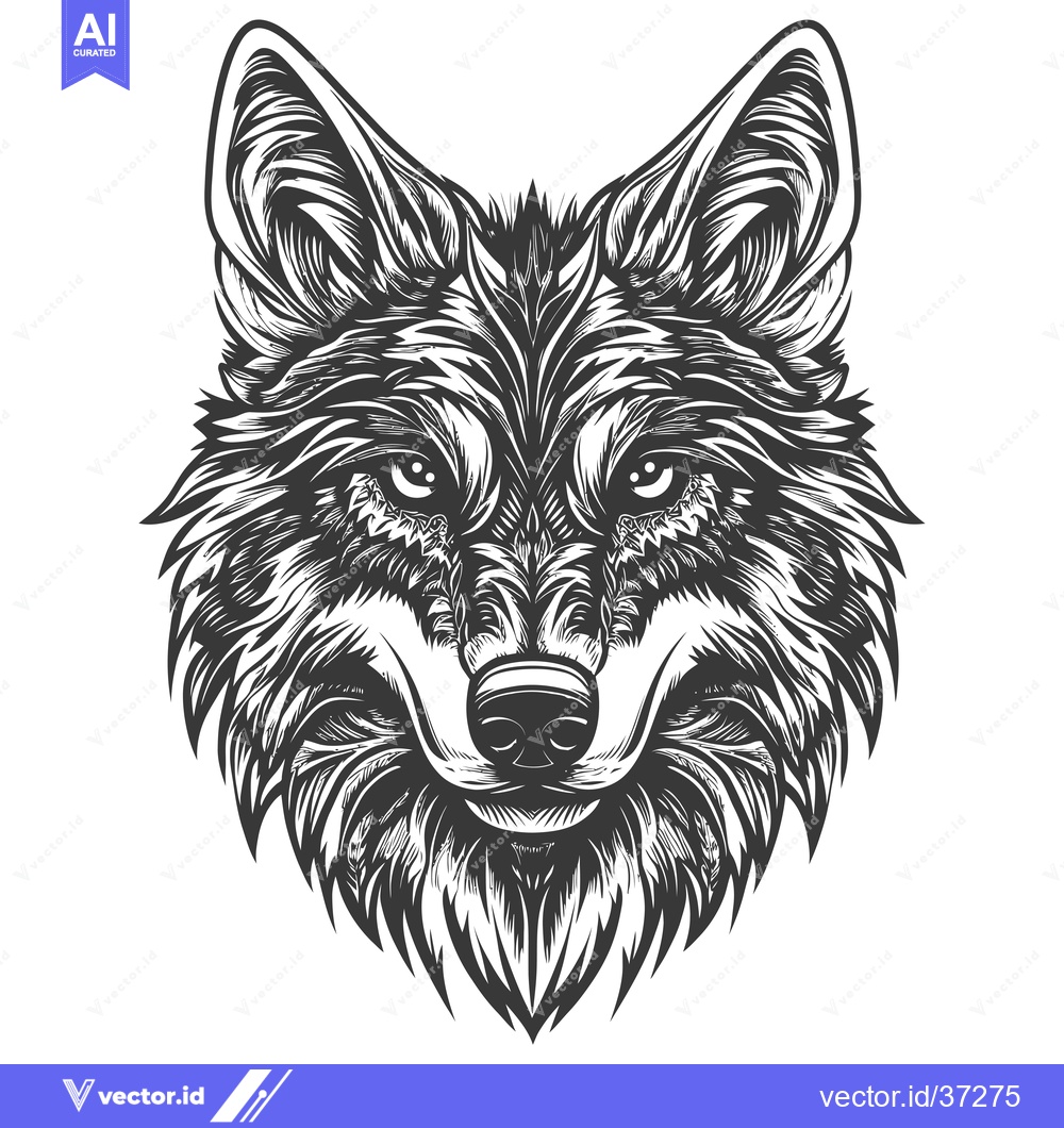 Premium Vector dari Detailed Black and White Illustration of a Wolf's Head