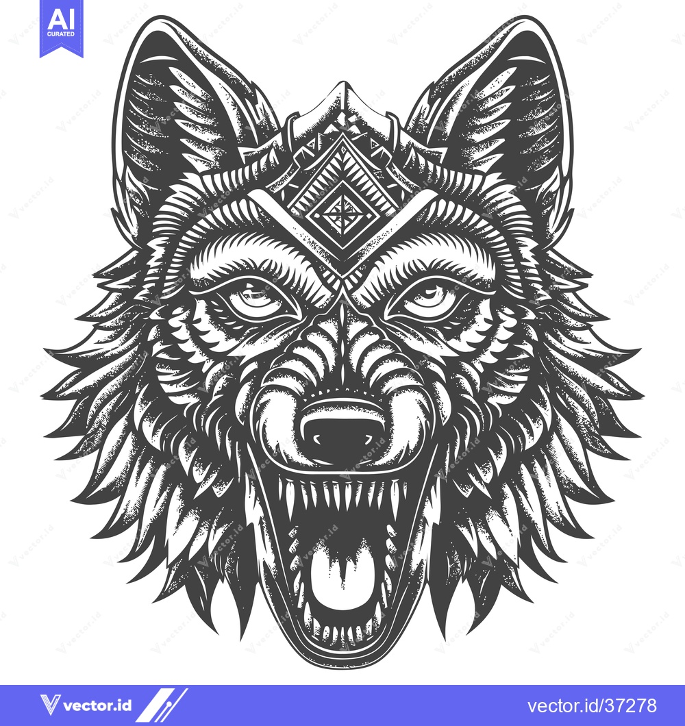 Premium Vector dari Detailed Black and White Illustration of a Wolf's Head with an Ornate
