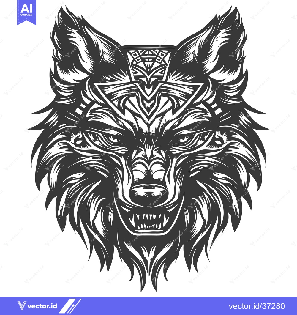 Premium Vector dari Detailed Black and White Illustration of a Wolf's Head with Geometric