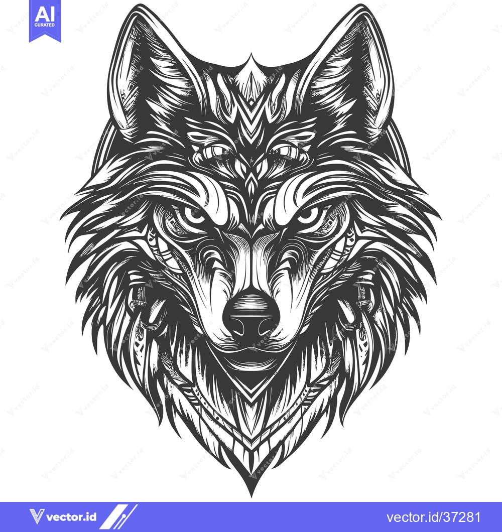 Premium Vector dari Detailed Black and White Illustration of a Wolf's Head with Ornamental