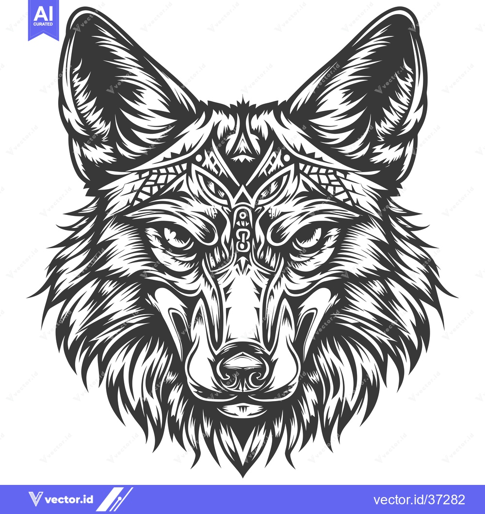 Premium Vector dari Detailed Black and White Illustration of a Wolf's Head with Tribal Des