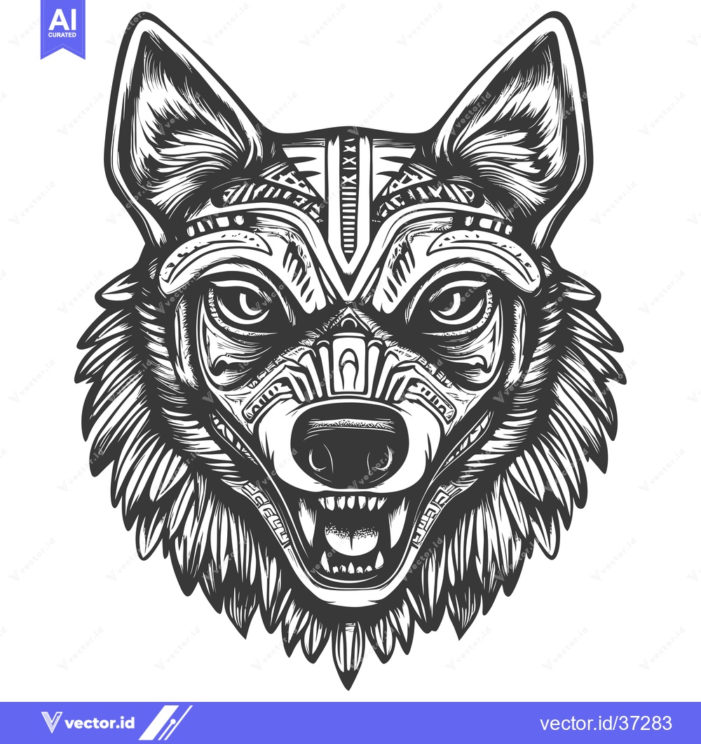 Premium Vector dari Detailed Black and White Illustration of a Wolf's Head with Tribal Des