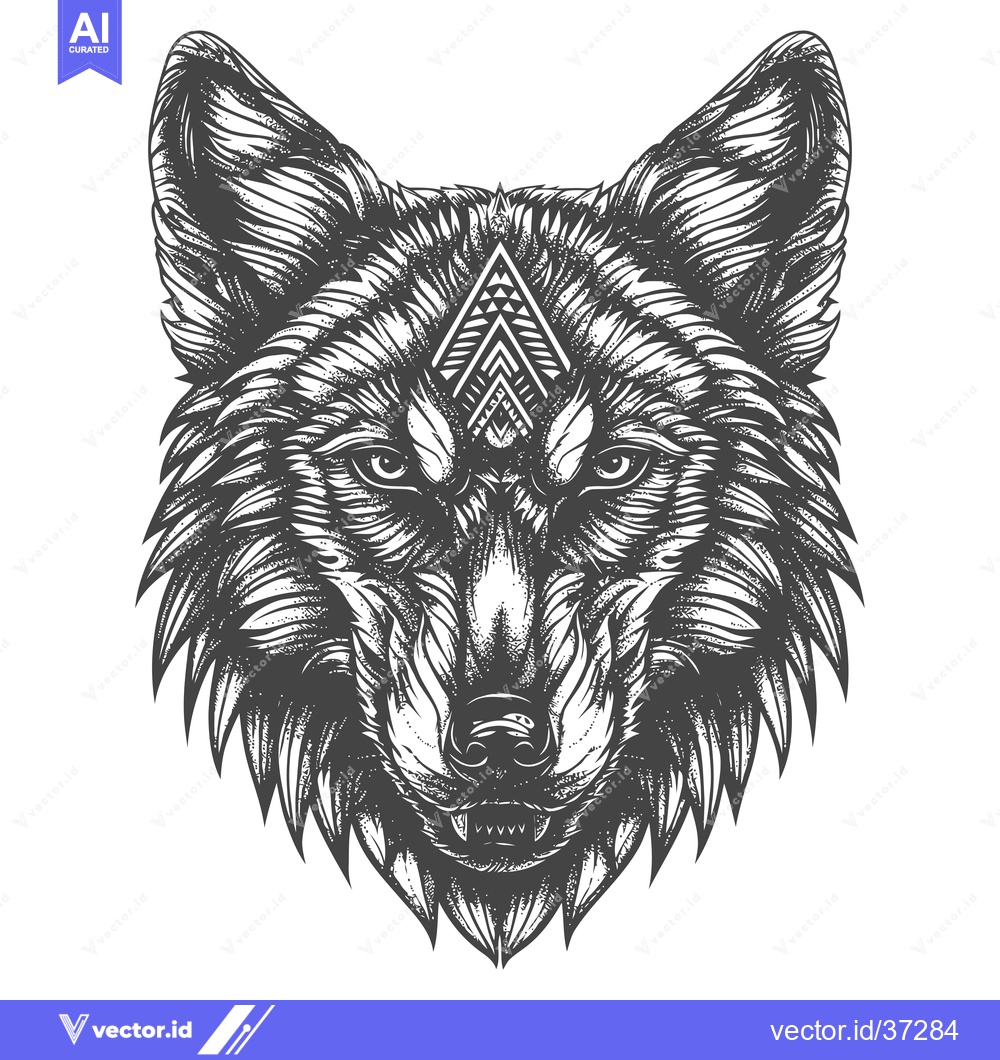 Premium Vector dari Detailed Black and White Illustration of a Wolf's Head with Tribal Des