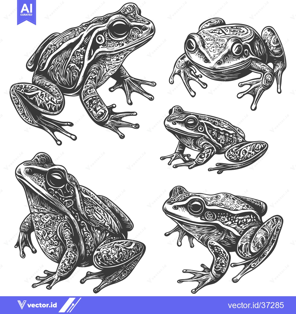 Premium Vector of Detailed Black and White Illustrations of Four Frogs
