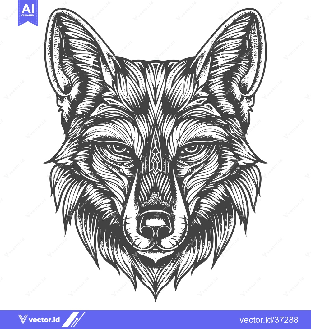 Premium Vector of Detailed Black and White Line Art Illustration of a Fox's Head