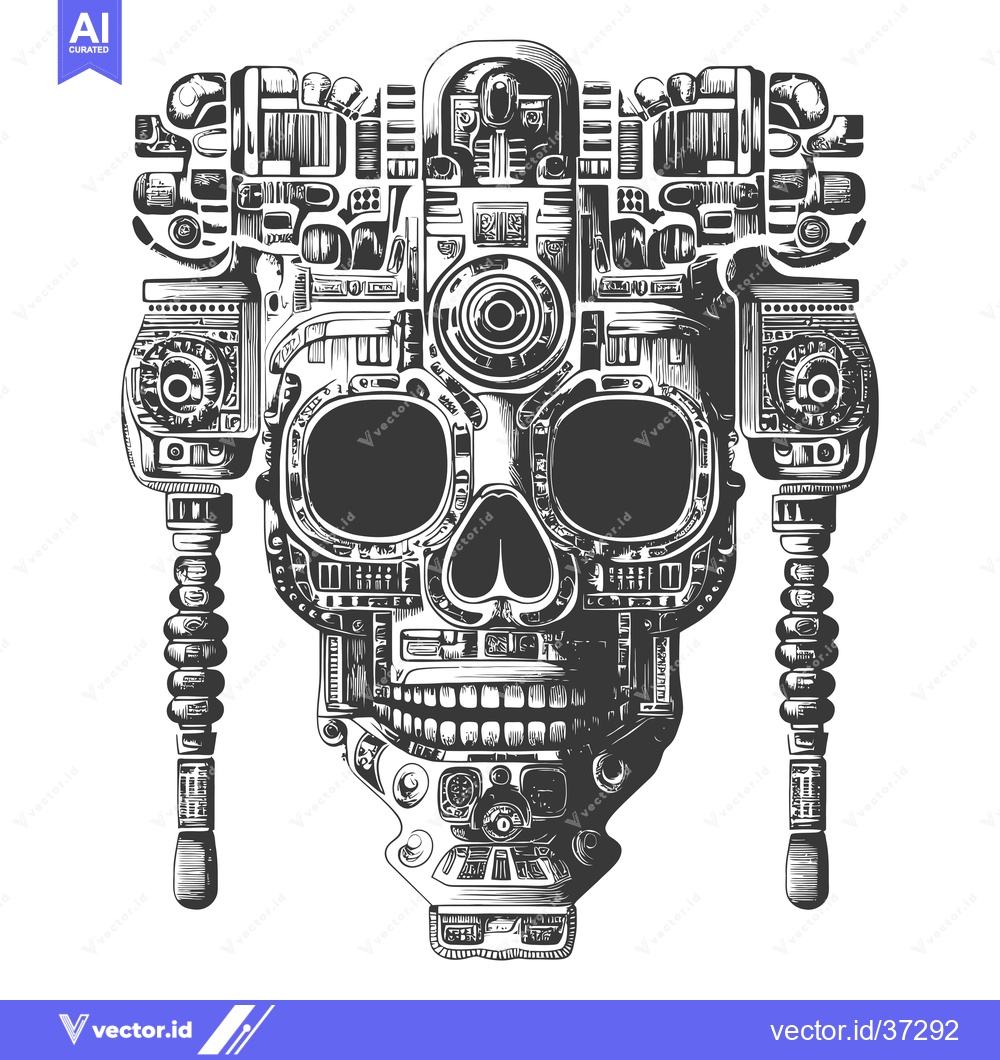 Premium Vector dari Detailed Black and White Sketch of a Skull with Mechanical Components