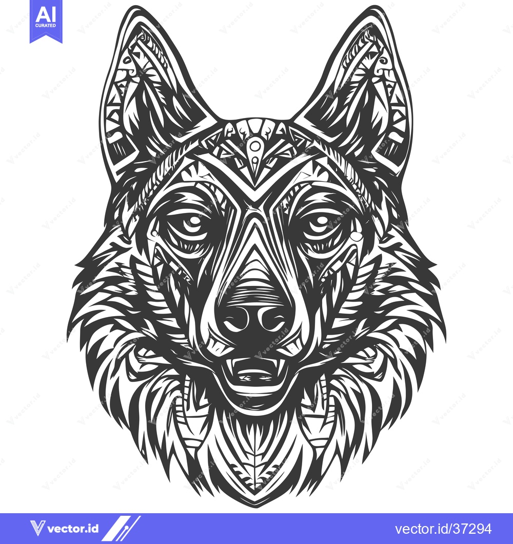Premium Vector dari Detailed Black and White Tribal Wolf Head Illustration