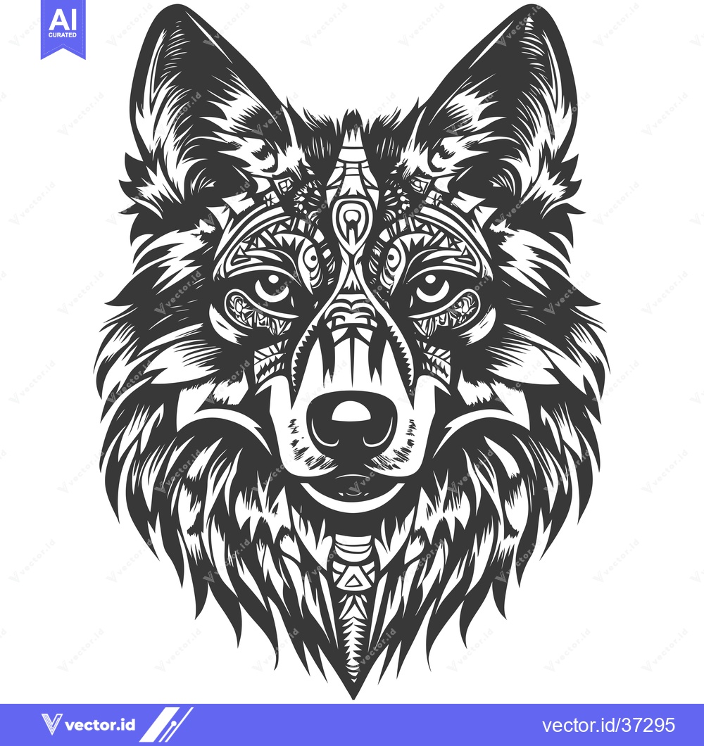 Premium Vector dari Detailed Black and White Wolf Head with Geometric Patterns