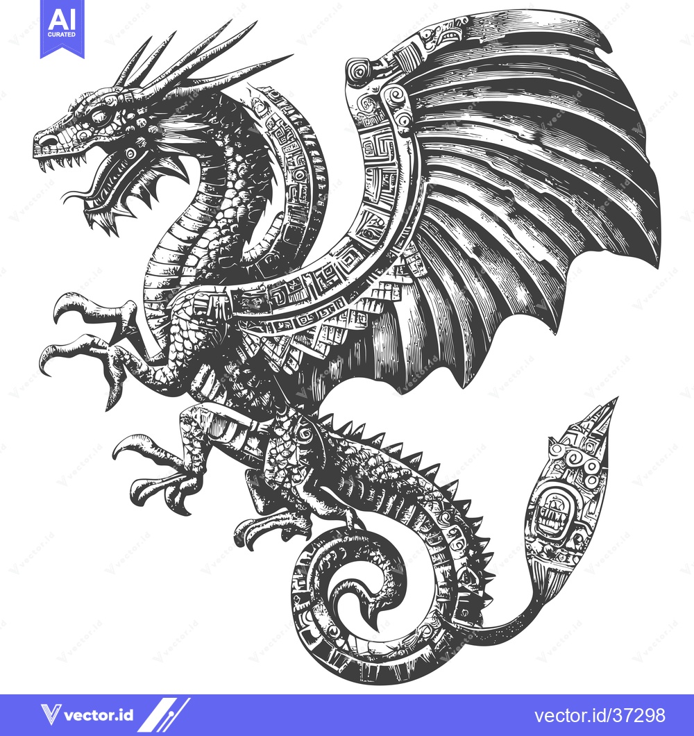 Premium Vector dari Detailed Engraved Illustration of a Dragon with Aztec-Inspired Design