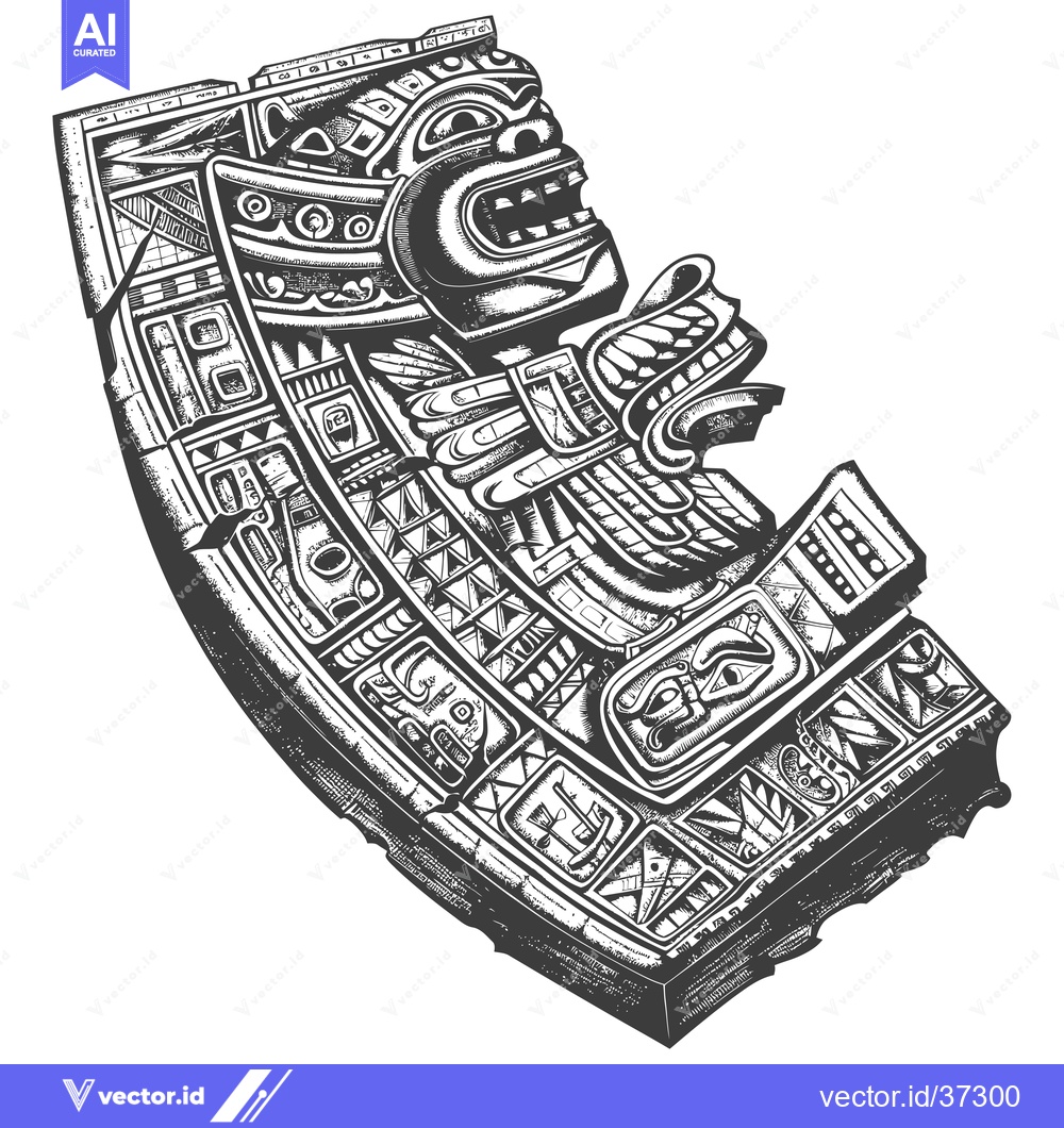 Premium Vector dari Detailed Engraved Illustration of an Aztec Mask with Feathers and Intr