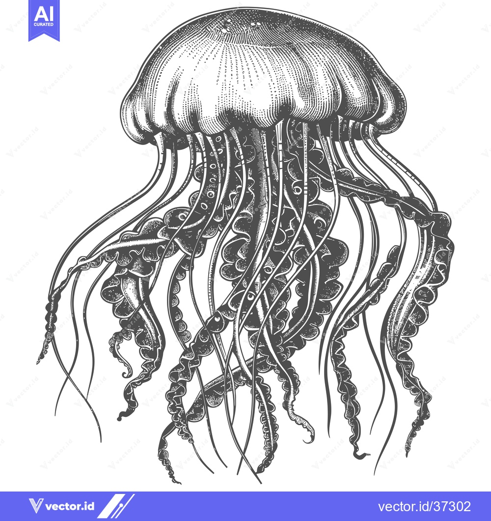 Premium Vector of Detailed Engraving of a Jellyfish with Tentacles