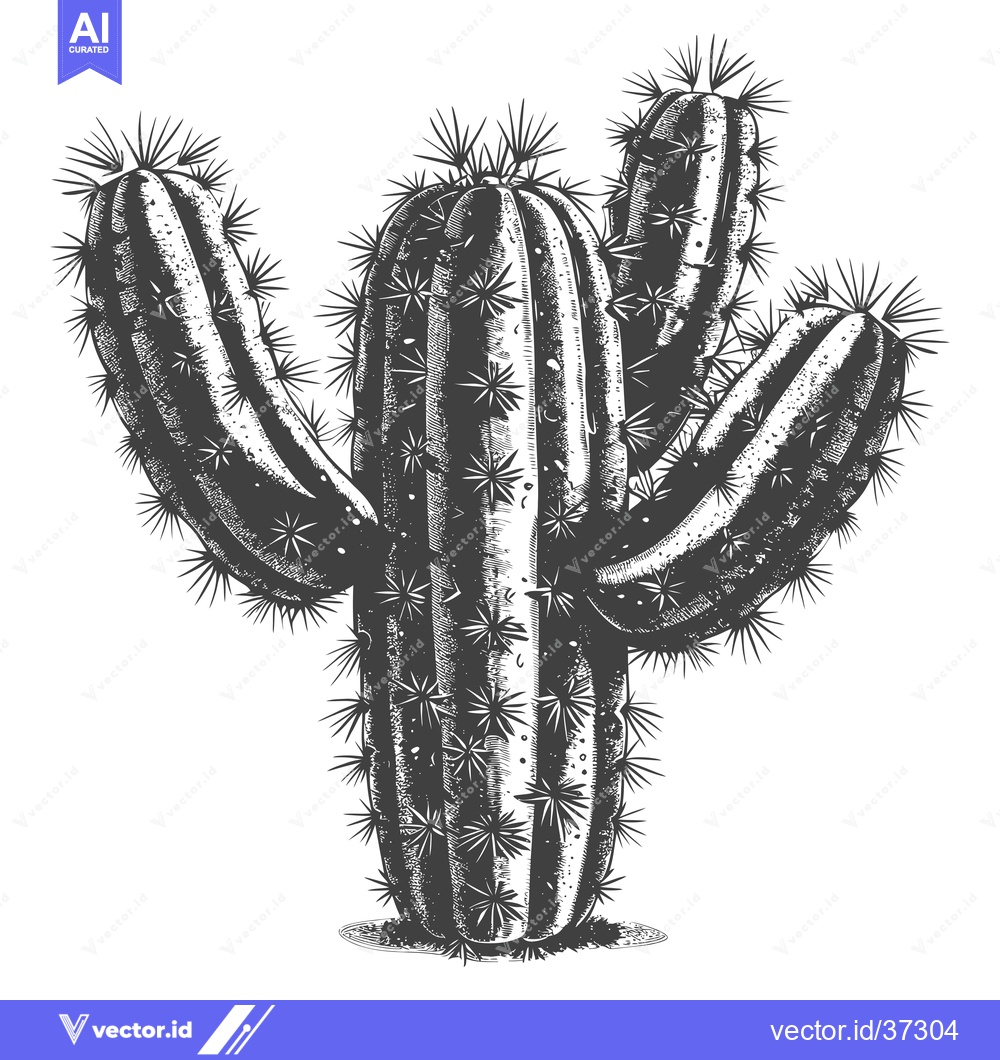 Premium Vector dari Detailed Engraving of a Tall, Spiky Cactus with Multiple Arms