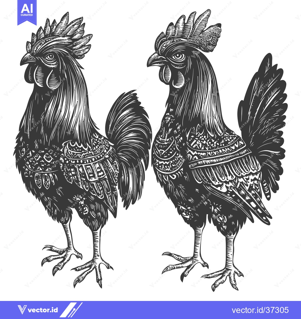 Premium Vector of Detailed Engravings of Two Roosters with Ornamental Feathers