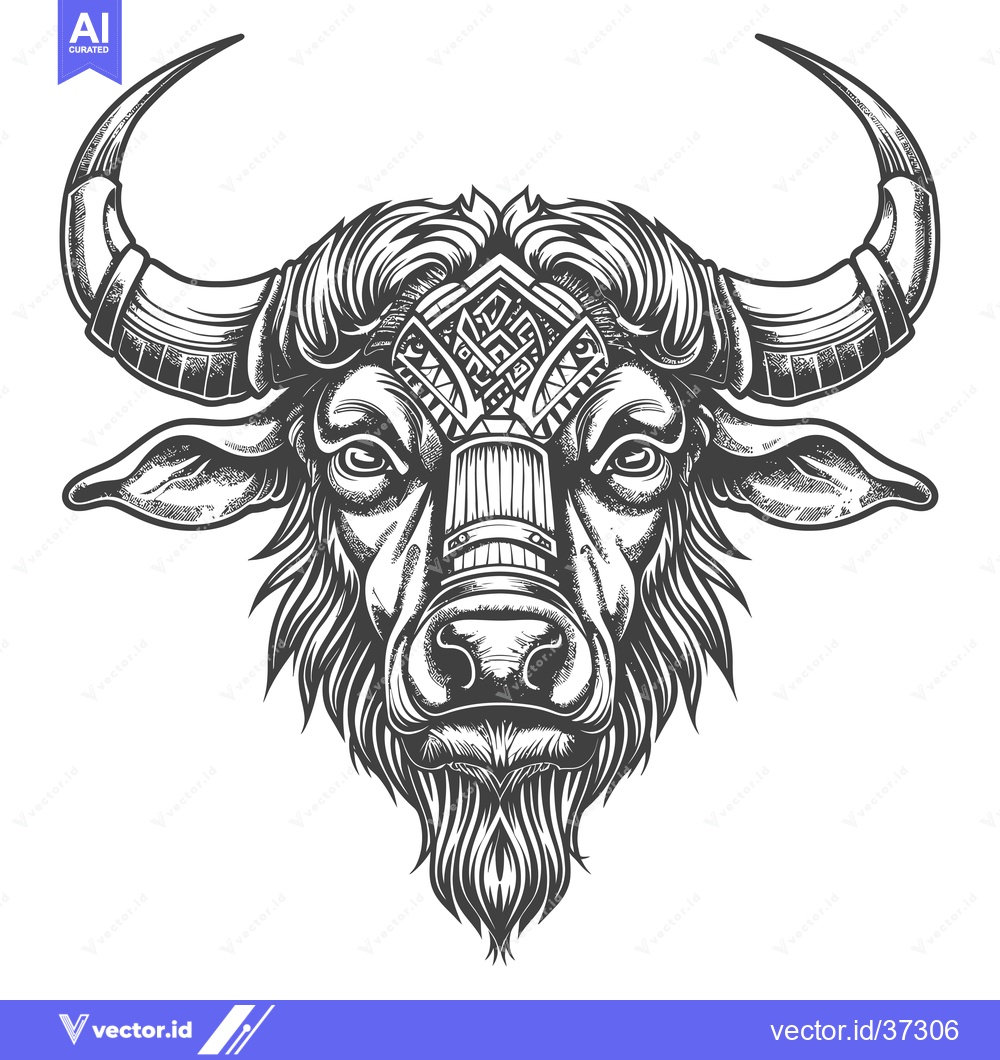 Premium Vector dari Detailed Graphic of a Bull's Head with Ornamental Horns
