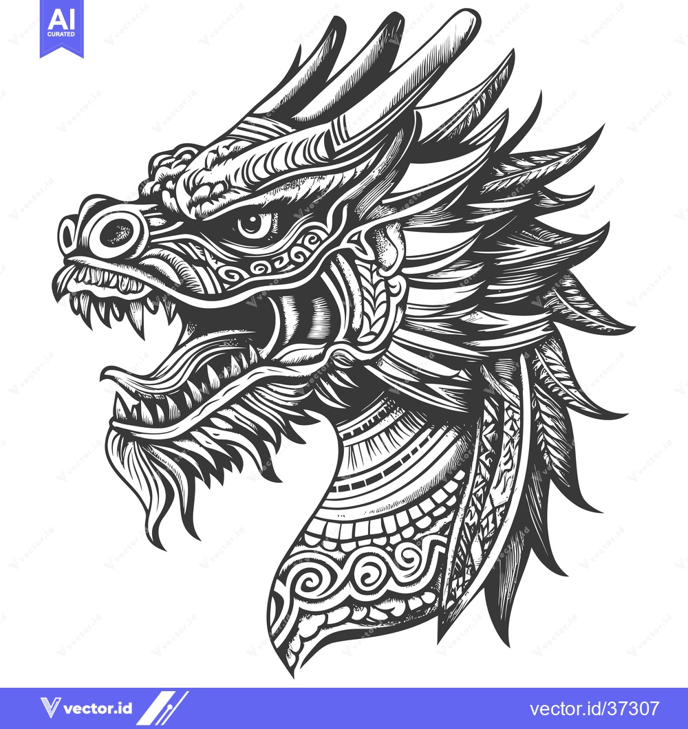 Premium Vector dari Detailed Hand-Drawn Black and White Dragon Head Illustration
