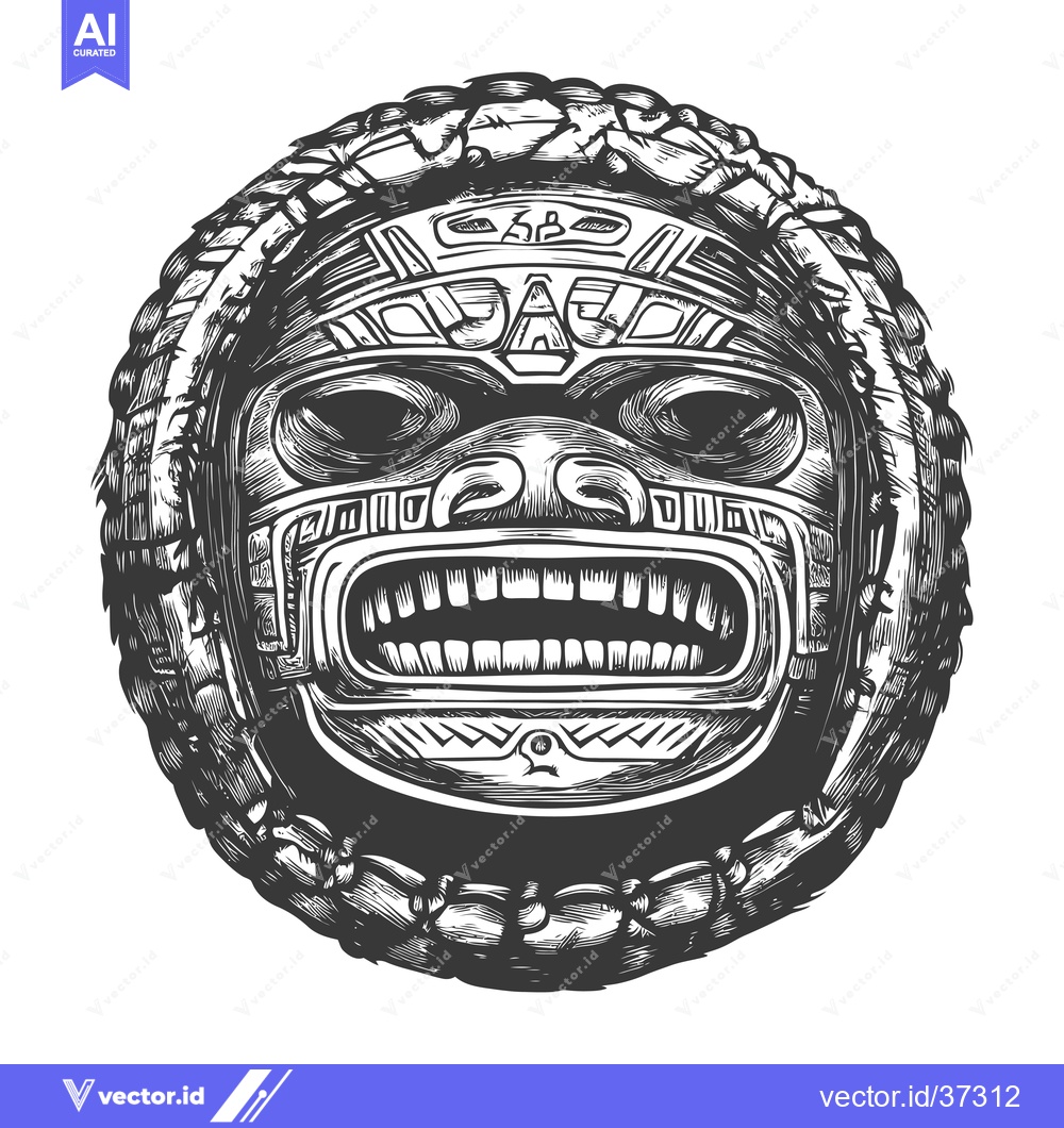 Premium Vector of Detailed Hand-Drawn Illustration of an Ancient Aztec God's Mask with I