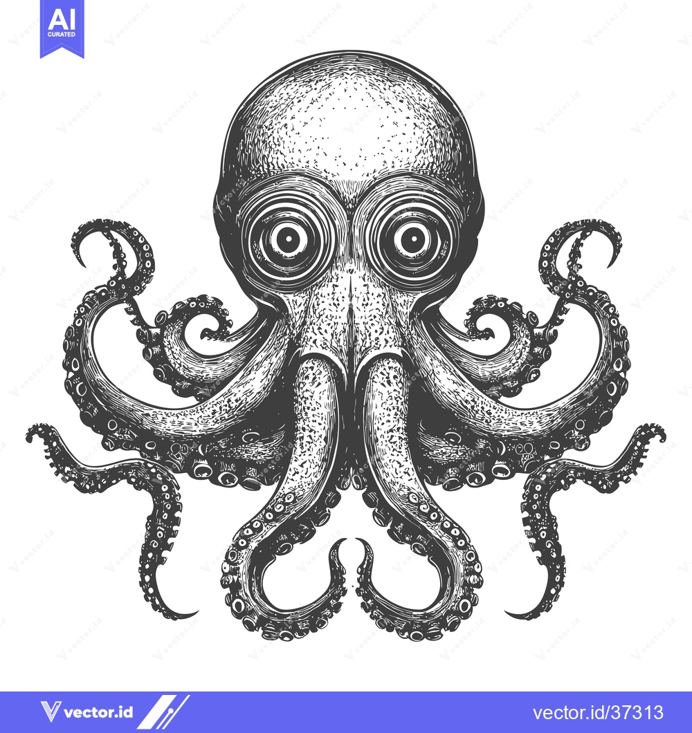 Premium Vector of Detailed Hand-Drawn Illustration of an Octopus with Large Eyes and Ten