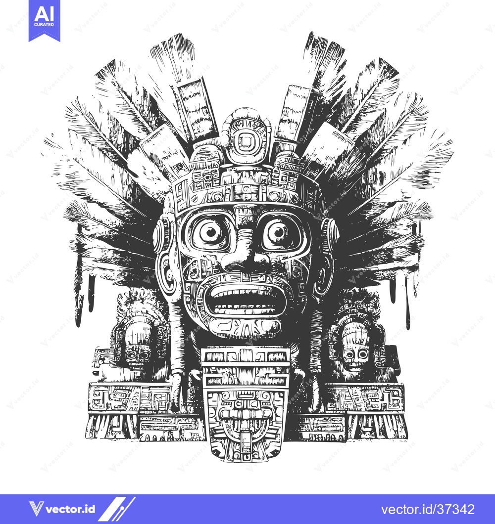 Premium Vector of Detailed Illustration of a Mayan God with Feathers and Carved Stone Fe