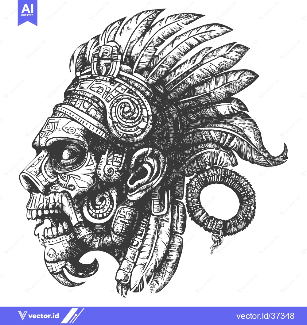 Premium Vector dari Detailed Illustration of an Aztec Warrior's Skull with Feathers and Or