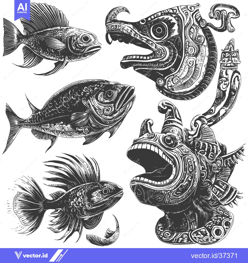 Premium Vector of Detailed Illustration of Fish and Ornate Mythical Creatures