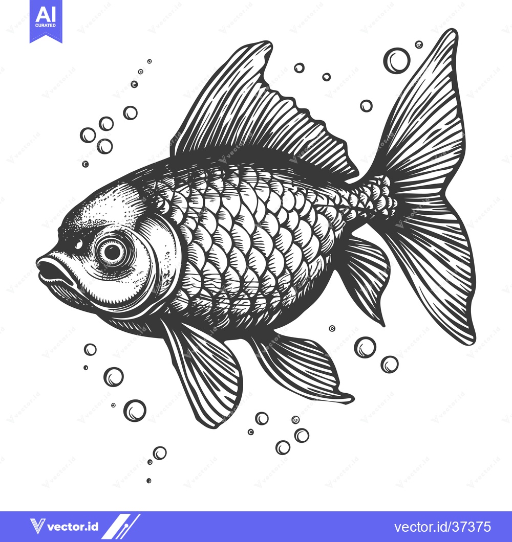 Premium Vector dari Detailed Ink Illustration of a Black and White Goldfish with Bubbles