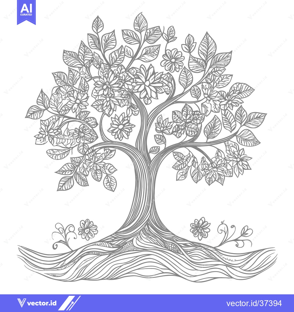 Premium Vector dari Detailed Line Art Illustration of a Tree with Flowers and Intricate Ro