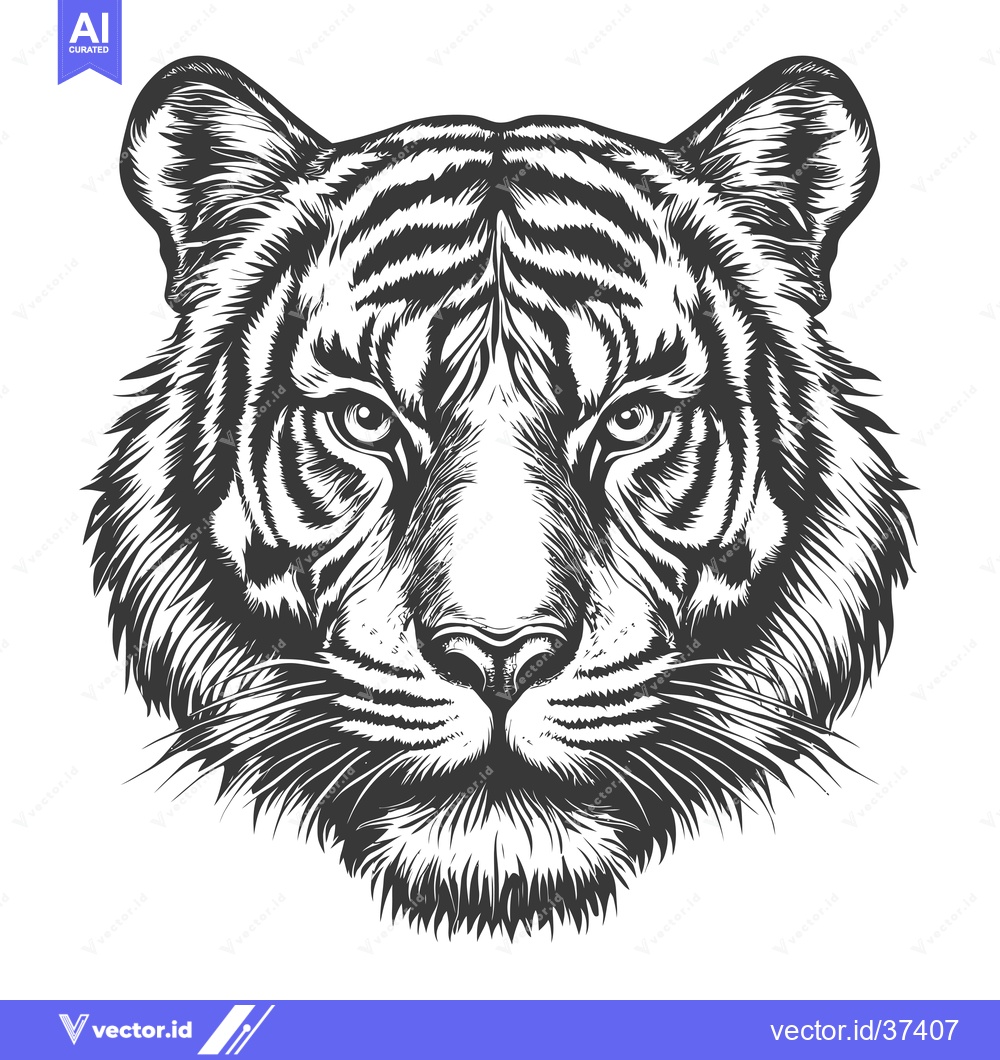 Premium Vector dari Detailed Line Drawing of a Tiger's Head with Striped Fur and Whiskers