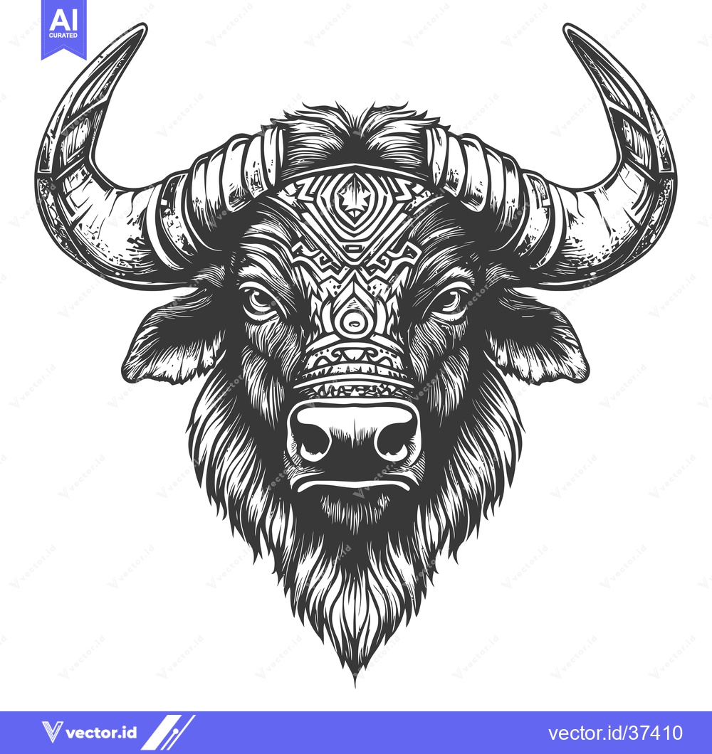 Premium Vector dari Detailed Monochrome Illustration of a Bull's Head with Ornamental Horn