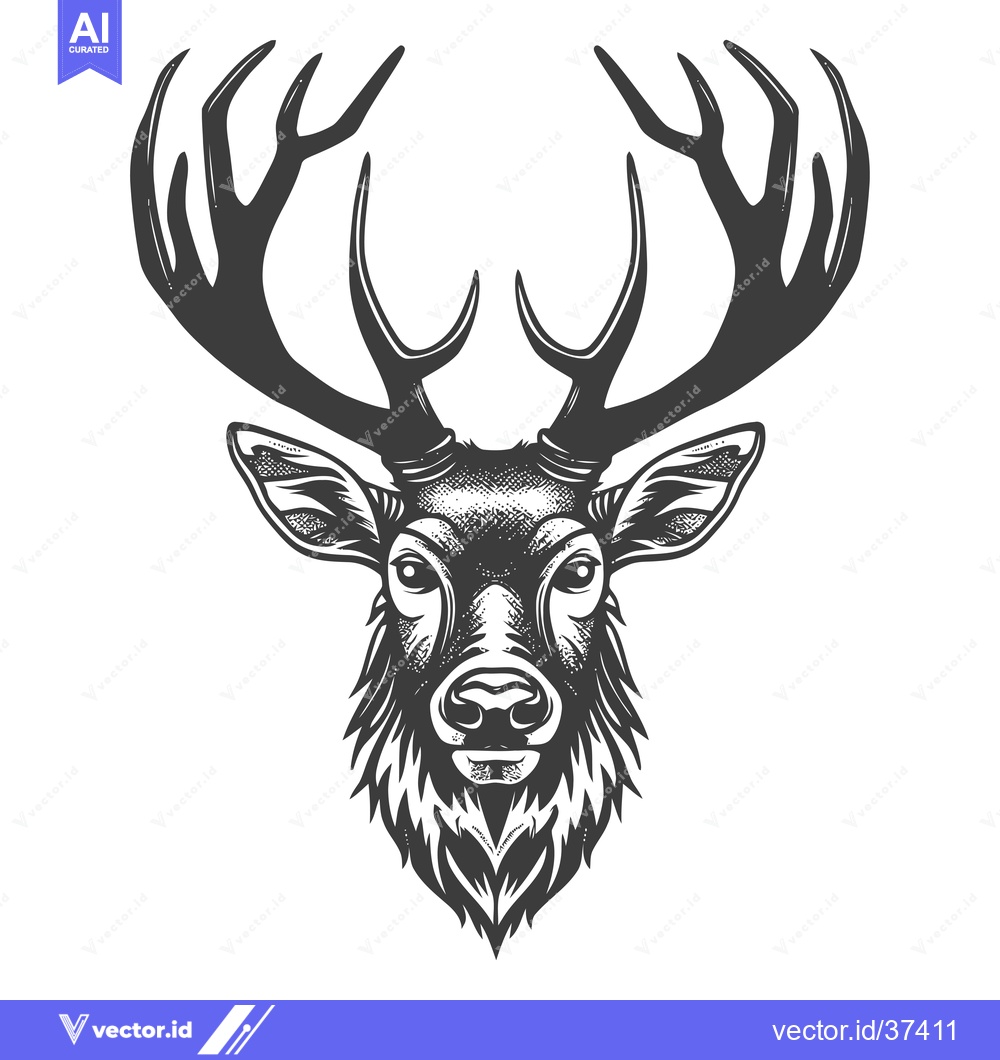 Premium Vector of Detailed Monochrome Illustration of a Deer's Head with Antlers