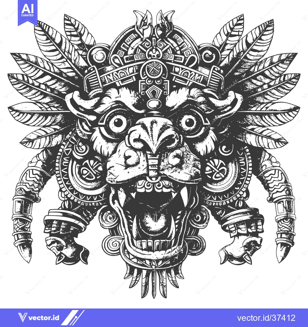 Premium Vector of Detailed Monochrome Illustration of a Feathered Aztec Deity Mask