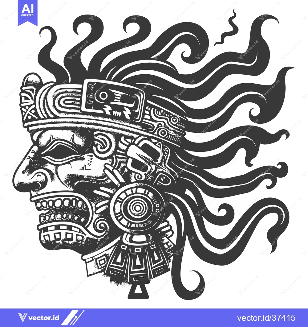 Premium Vector dari Detailed Monochrome Illustration of an Aztec Deity with a Flaring Head