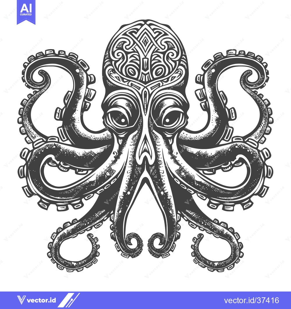 Premium Vector dari Detailed Monochrome Illustration of an Octopus with Intricate Head Des
