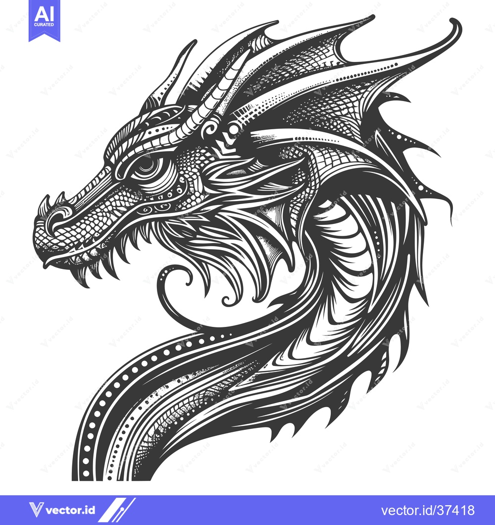 Premium Vector of Detailed Ornamental Black and White Dragon Head