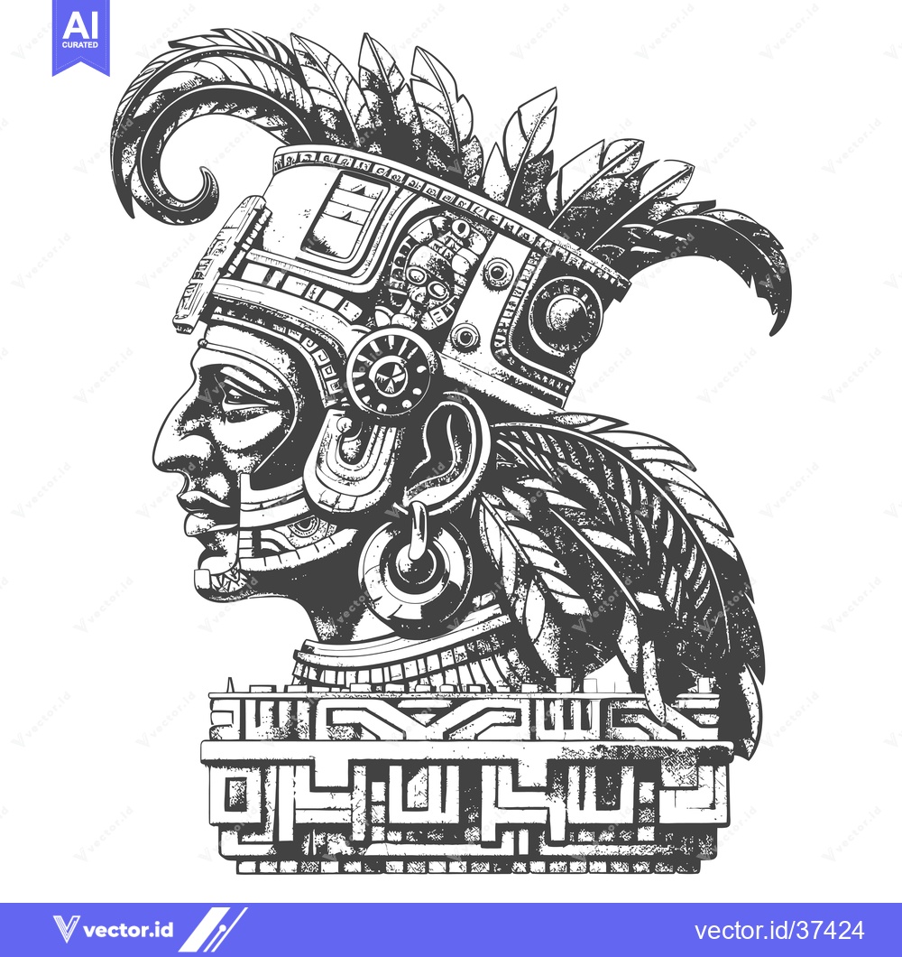 Premium Vector dari Detailed Profile of an Ancient Aztec Warrior with Feathers and Geometr