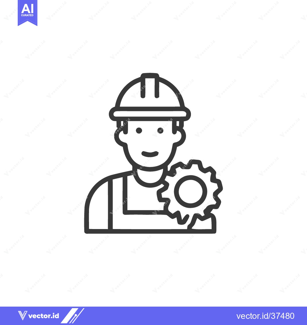 Premium Vector dari Line Art Icon: Smiling Mechanic Holding Gear, Wearing Hard Hat