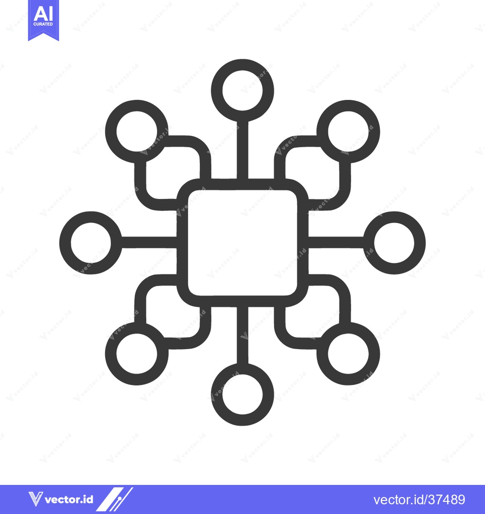 Premium Vector of Centralized Network Icon: Square Hub with Circular Nodes, Minimalist D