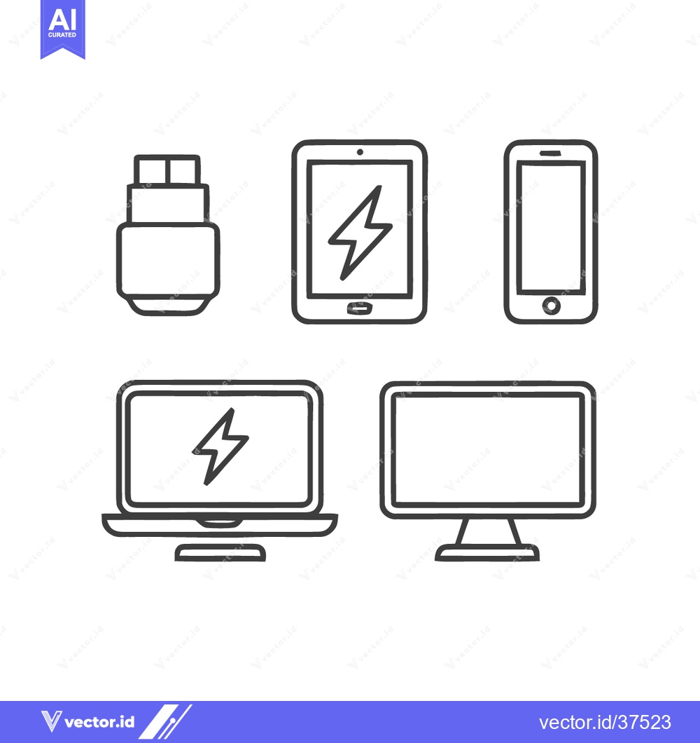 Premium Vector of Minimalist Line Art: Electronic Devices with Charging Symbols on Table