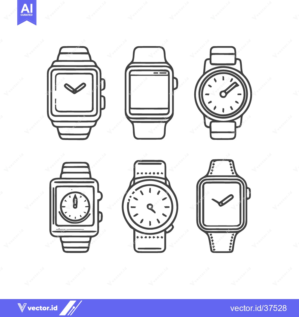Premium Vector of Six Watch Icons: Line Art Collection of Timepieces on White Background