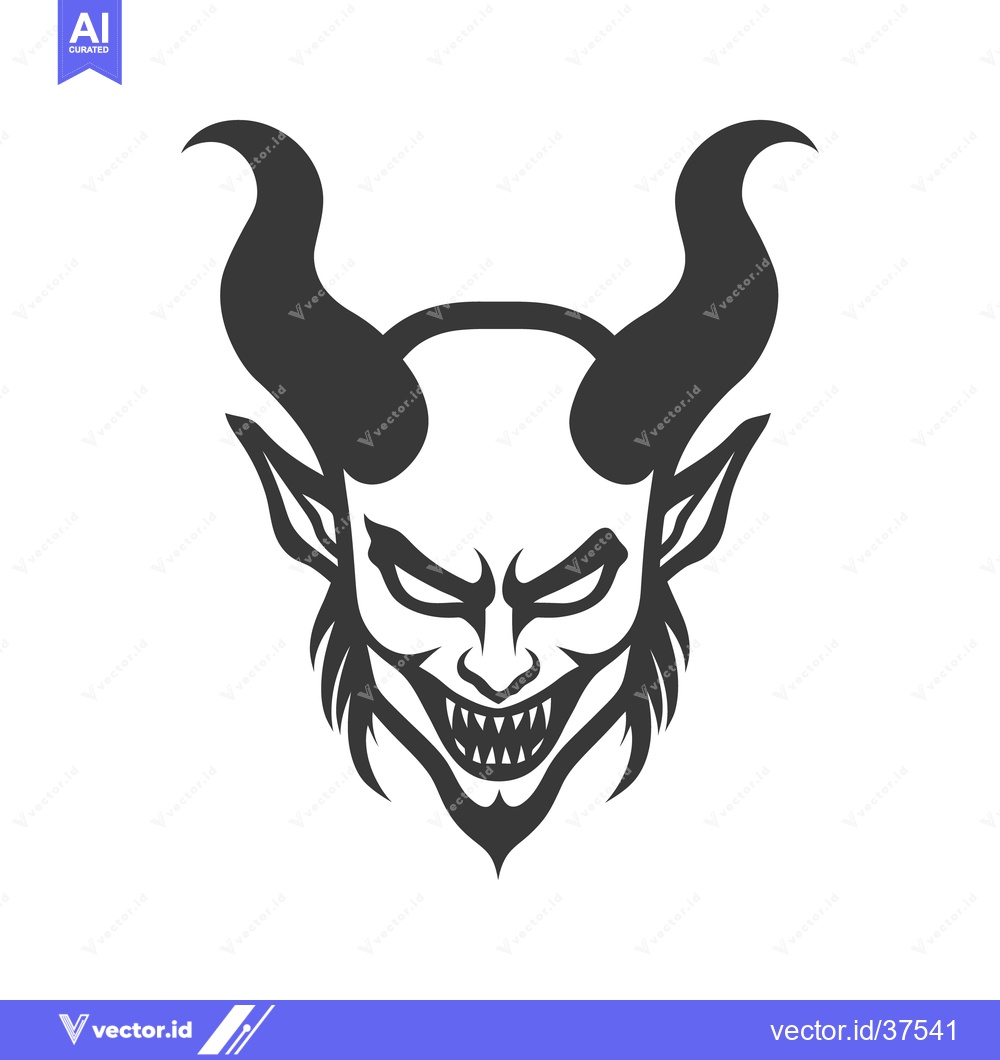 Premium Vector dari The black and white illustration presents a demon face with horns